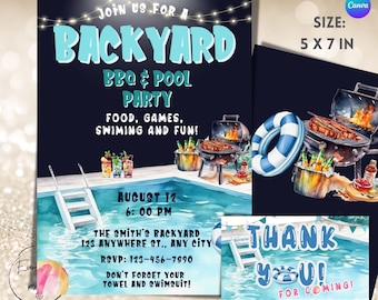 May include: Invitation to a backyard BBQ and pool party on August 12th at 6:00 PM. The invitation features a watercolor illustration of a swimming pool, a grill, and a life preserver. The text "Join us for a Backyard BBQ & Pool Party" is in large, blue letters. The text "Food, Games, Swimming and Fun!" is in smaller, white letters. The text "August 12, 6:00 PM" is in black letters. The text "The Smith's Backyard, 123 Anywhere St., Any City" is in black letters. The text "RSVP: 123-456-7890" is in black letters. The text "Don't forget your towel and swimsuit!" is in black letters. The text "Thank You! For Coming!" is in blue letters.