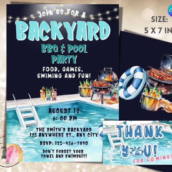 BBQ And Pool Party Printable Invitation, Summer Party Invite, Digital Download, Barbecue Party