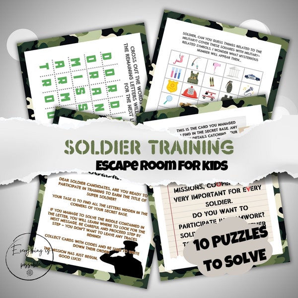 Printable Escape Room at Home for Kids, Solider Indoor Treasure Hunt Clues Puzzle Game, Military Birthday, Camouflage