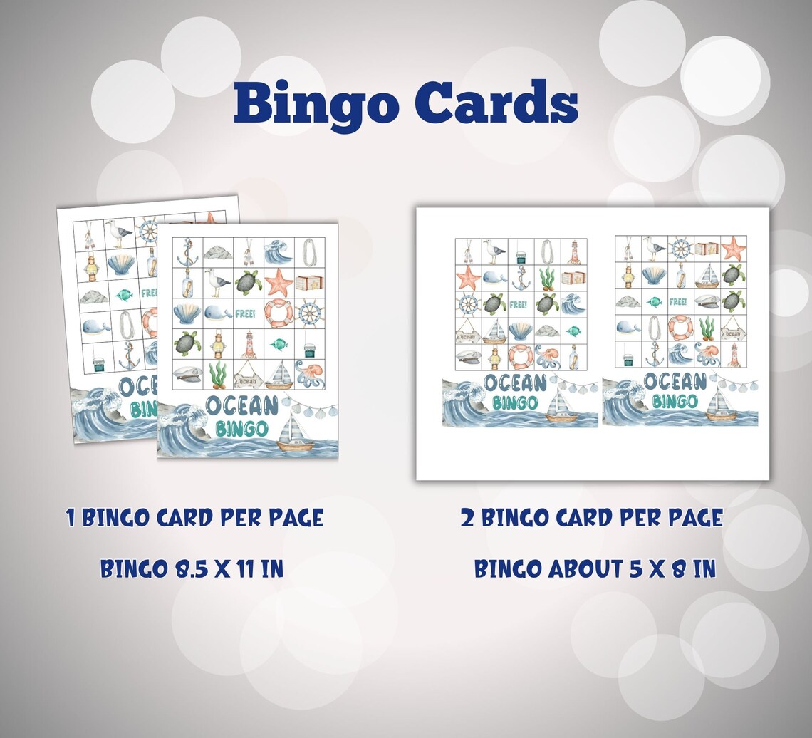 Ocean Bingo, Under the Sea Bingo, 50 Printable Nautical Bingo Cards