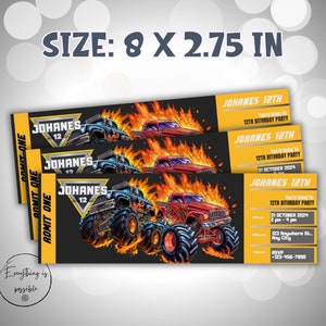 Truck Birthday Party Invitation, Ticket Birthday Party Invite, Editable Canva Template, monstertr