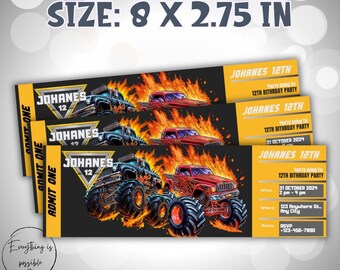 Monster Truck Birthday Ticket Invitation: Editable Canva Template (Digital Download)