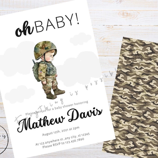 Army Themed Baby Shower Invite, Military Baby Shower Inviation, camo theme baby shower invite, z26 p2