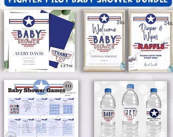 Fighter Pilot Baby Shower Bundle, Plane theme Baby Shower decor, Fighter Jet Baby Shower Decorations, Military Jet Baby Shower Games, z36