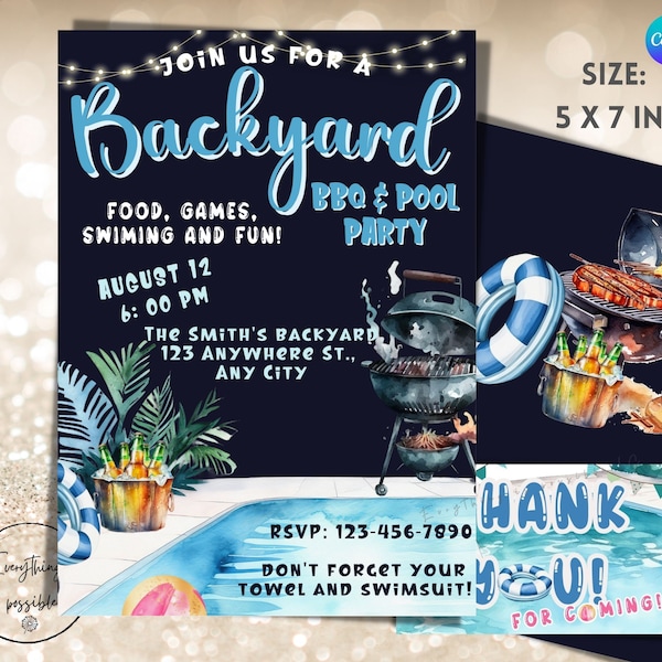 BBQ And Pool Party Printable Invitation, Summer Party Invite, Digital Download, Barbecue Party, z51