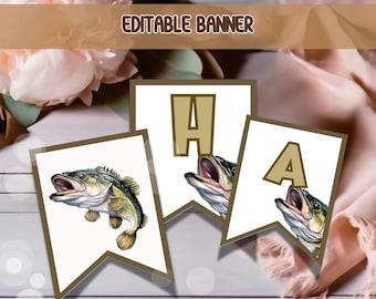May include: Editable banner with the word "HA" in gold letters. Each letter is on a white pennant with a brown border. The pennants have a fish illustration on each side.
