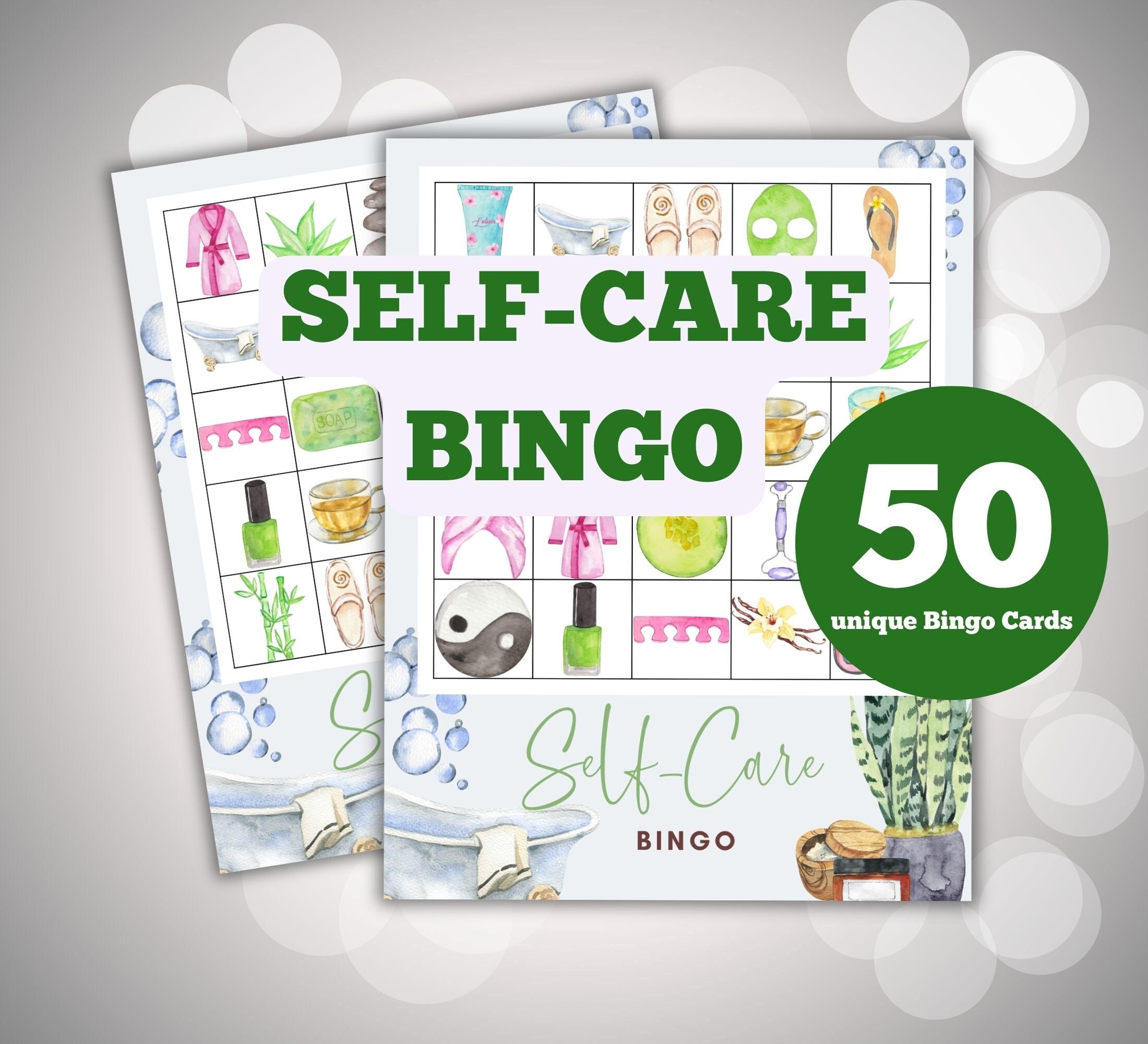 50 self care bingo game cards printable selfcare spa day bingo boards