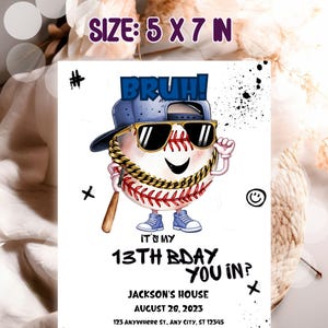 Bruh! Baseball Invitation for Teen Birthday, Rookie of the Year Invite, 5x7 Canva, Bruh Invite for Sports Teenager