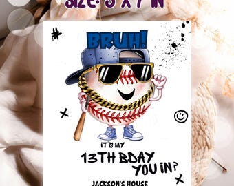 Teen Baseball Birthday Invitation: Bruh Sports Teenager Invite, 5x7 Canva Template (Digital Download)