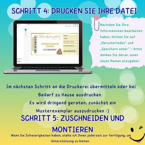 May include: A laptop screen displaying a printable gift certificate template with the text "Freie Weihnachten!" and instructions to write in a gift. The text "SCHRITT 4: DRUCKEN SIE IHRE DATEI" is displayed above the laptop. The text below the laptop reads "Im n&auml;chsten Schritt an die Druckerei &uuml;bermitteln oder bei Bedarf zu Hause ausdrucken. Es wird dringend geraten, zun&auml;chst ein Musterexemplar auszudrucken :) SCHRITT 5: ZUSCHNEIDEN UND MONTIEREN Wenn Sie Schwierigkeiten haben, stehe ich Ihnen jederzeit zur Verf&uuml;gung, um Unterst&uuml;tzung zu bieten."