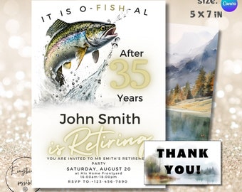 Może przedstawiać: Zaproszenie na przyjęcie emerytalne z ilustracją skaczącej ryby. Zaproszenie zawiera tekst "IT IS O-FISH-AL", "After 35 Years" i "John Smith is Retiring". Zaproszenie ma wymiary 12,7 x 17,8 cm i zawiera akwarelowy krajobraz oraz kartkę z podziękowaniami.