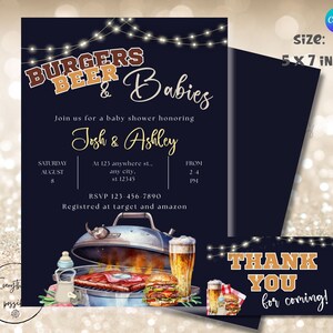 BBQ Baby Shower Invitation Bundle, Backyard Baby Shower Invite, Burgers Beer & Babies, Diaper Party, Dad&#39;s Baby Shower, z52
