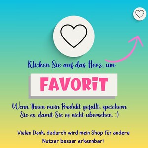 May include: A graphic with a white heart icon in a circle, a pink arrow pointing up, and the text "Klicken Sie auf das Herz, um FAVORIT Wenn Ihnen mein Produkt gefallt, speichern Sie es, damit Sie es nicht ubersehen. :) Vielen Dank, dadurch wird mein Shop f&uuml;r andere Nutzer besser erkennbar!"