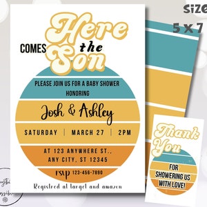 Editable Here Comes the Son Baby Shower Invitation Bundle Boy Retro Groovy, Here comes the Sun, Thank you card, z53