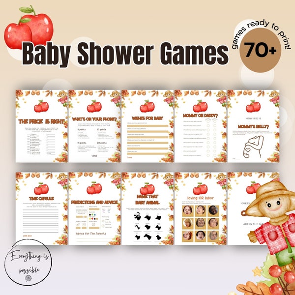 Apple Baby Shower Games Printable, Fall Baby Shower Games Pack, Baby Shower Games Bundle, z55