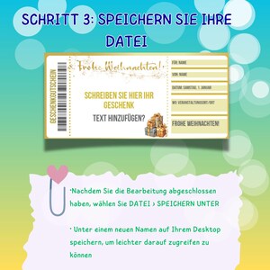 May include: A gold and white gift certificate template with the text "Frohe Weihnachten!" and "SCHREIBEN SIE HIER IHR GESCHENK" in German. The template has fields for name, date, and location. The text "Nachdem Sie die Bearbeitung abgeschlossen haben, w&auml;hlen Sie DATEI &rsaquo; SPEICHERN UNTER" and "Unter einem neuen Namen auf Ihrem Desktop speichern, um leichter darauf zugreifen zu k&ouml;nnen" is also included.