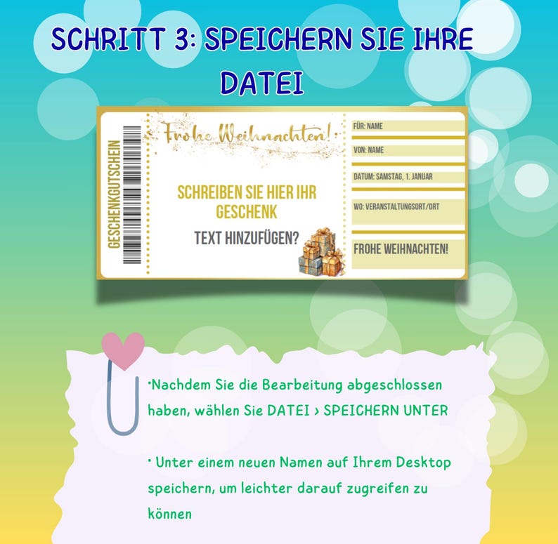 May include: A gold and white gift certificate template with the text "Frohe Weihnachten!" and "SCHREIBEN SIE HIER IHR GESCHENK" in German. The template has fields for name, date, and location. The text "Nachdem Sie die Bearbeitung abgeschlossen haben, w&auml;hlen Sie DATEI &rsaquo; SPEICHERN UNTER" and "Unter einem neuen Namen auf Ihrem Desktop speichern, um leichter darauf zugreifen zu k&ouml;nnen" is also included.