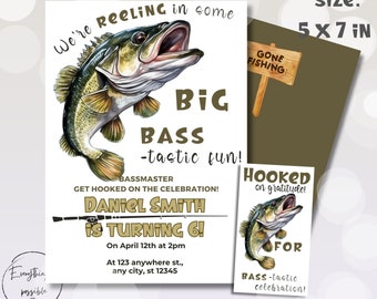 May include: A birthday invitation for a 6-year-old boy with a fishing theme. The invitation features a cartoon illustration of a largemouth bass and the text "We're reeling in some BIG BASS -tastic fun!"  The invitation also includes the text "BASSMASTER GET HOOKED ON THE CELEBRATION! DANIEL SMITH IS TURNING 6!" and the date and time of the party.