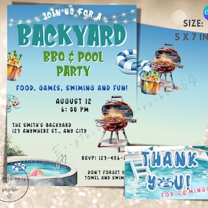 BBQ And Pool Party Printable Invitation, Summer Party Invite, Digital Download, Barbecue Party