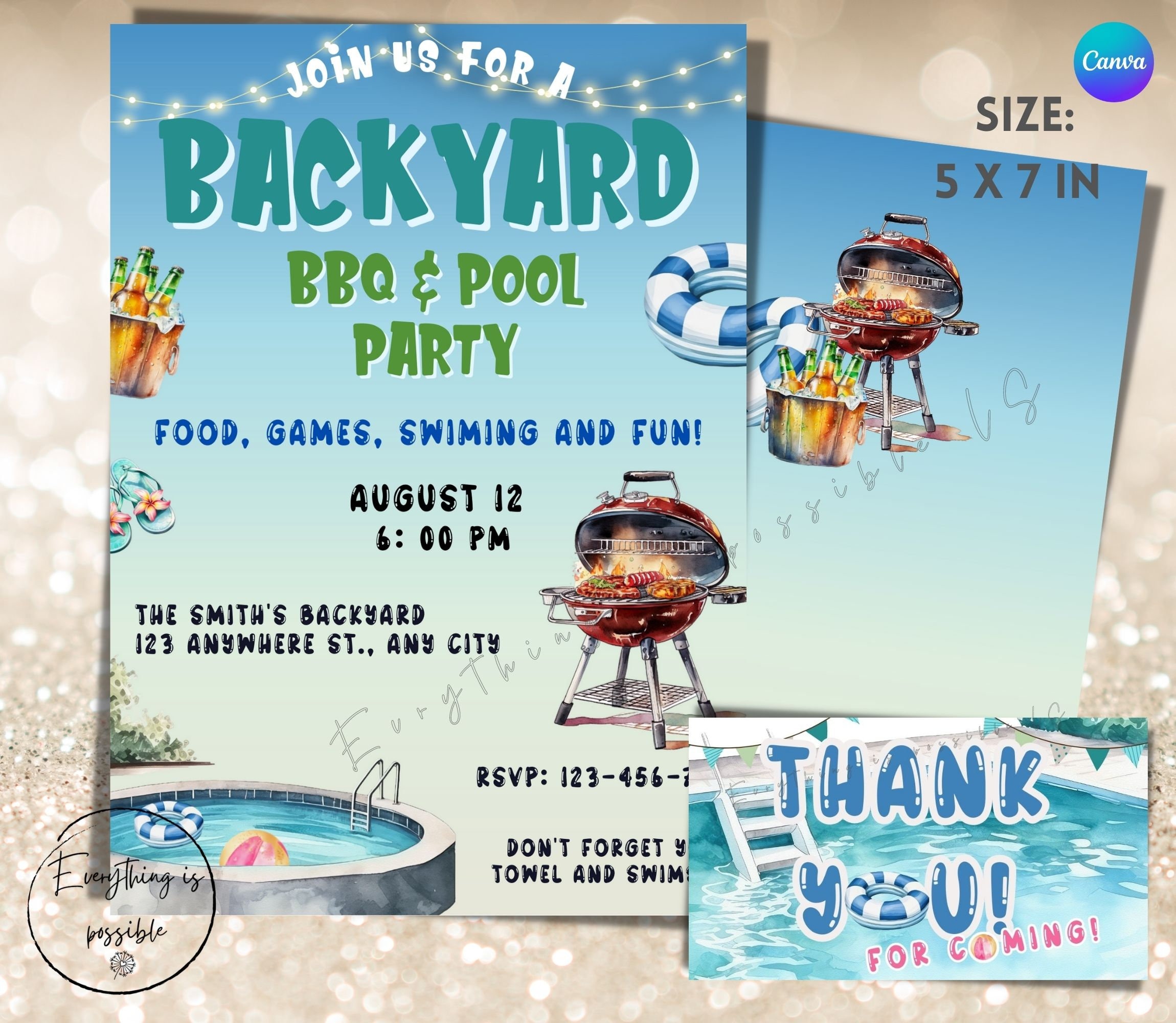 BBQ Pool Party Invitation: Summer Barbecue, 5x7 (Digital Download)