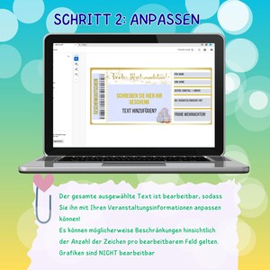 May include: A computer screen displaying a customizable Christmas gift certificate template. The template features a gold and white design with the text "Frohe Weihnachten!" (Merry Christmas!). The text on the template is editable, allowing users to personalize it with their own information.