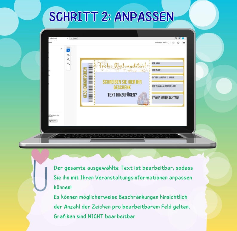 May include: A computer screen displaying a customizable Christmas gift certificate template. The template features a gold and white design with the text "Frohe Weihnachten!" (Merry Christmas!). The text on the template is editable, allowing users to personalize it with their own information.