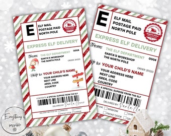 May include: A printable Christmas elf mail tag with red and white stripes, green and white stripes, and a red and white candy cane design. The tag has a heading that says "Express Elf Delivery" and includes fields for the elf department, order number, child's name, address, and delivery method. The tag also includes a barcode and a space for Santa Claus to sign.