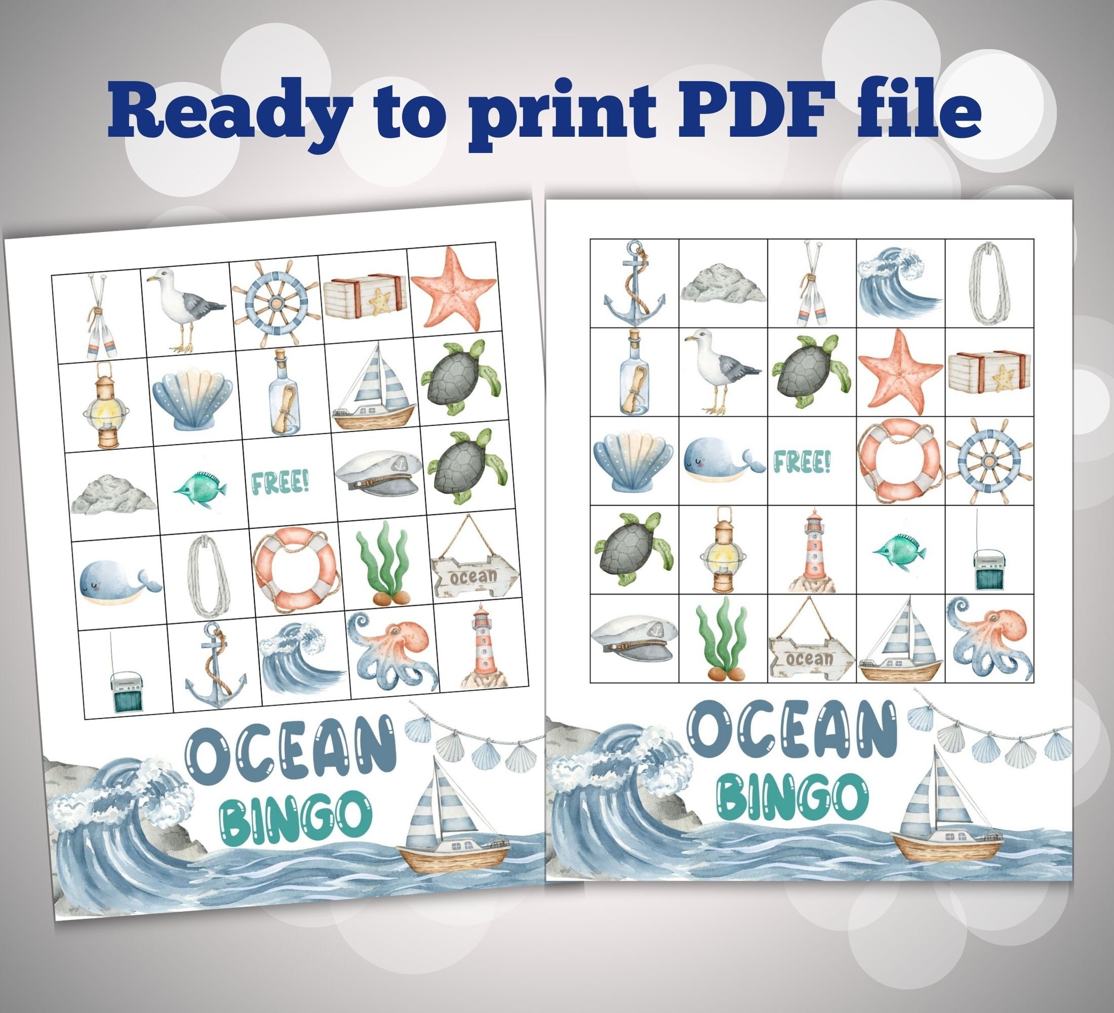 Ocean Bingo, Under the Sea Bingo, 50 Printable Nautical Bingo Cards
