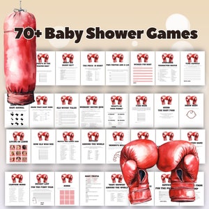 Puede incluir: Un conjunto de juegos de baby shower imprimibles con temática de boxeo. Los juegos incluyen "What's in the Diaper Bag?", "Name That Baby Song", "Old Wives Tales", "Nursery Rhyme Quiz", "What's on Your Purse?", "Find Mum", "Guess the Baby Food", "Draw Baby", "Loving or Labor", "How Old Was She", "Match the Candy Bar", "Baby Trivia", "Baby Shower Around the World", "Advice for the Parents", "Time Capsule", "Storybook Character Match", "Wishes for Baby", "Two Truths and a Lie", y más.