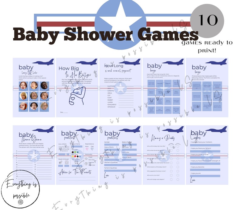 Air Force Baby Shower Game Bundle, Fighter Pilot Shower Games, Military