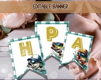 May include: Editable banner with the word "Happy" spelled out in gold letters. Each letter is decorated with a cartoon fish wearing sunglasses and a hat. The background is a green and white checkered pattern.