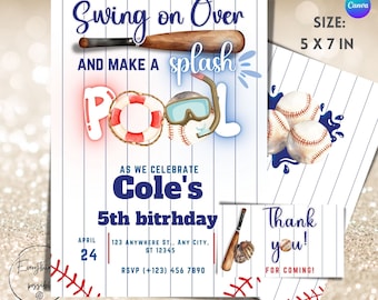 May include: Baseball-themed birthday party invitation set. The invitation features a baseball bat, a pool float, and a snorkel. The text reads "Swing on Over and Make a Splash" and "Cole's 5th birthday". Includes a thank you card and a baseball-themed design.