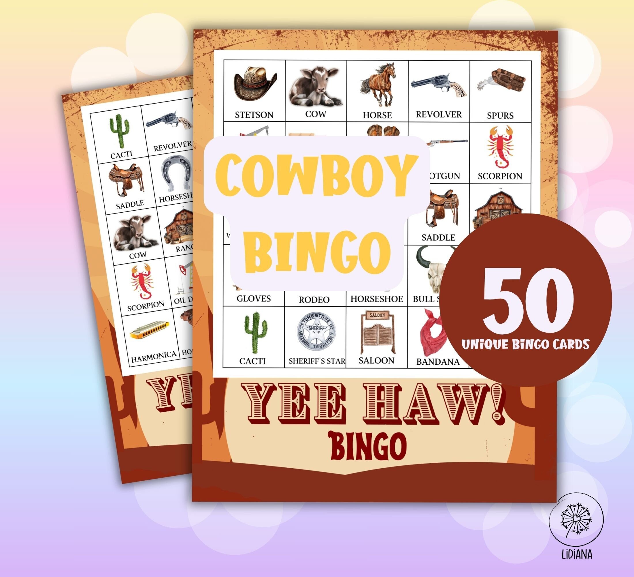 Cowboy Bingo 50 Bingo Cards Printable Party Activity Instant Download ...