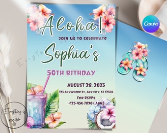 Hawaiian party invitation, ALOHA birthday invite, Luau Party, Tropical Summer birthday, Pool Party, z18