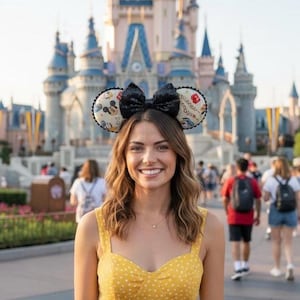 May include: A woman wearing Mickey Mouse ears with a black sequined bow and a yellow polka dot dress. The ears have a cream background with Mickey Mouse and other Disney-themed designs. A castle is in the background.