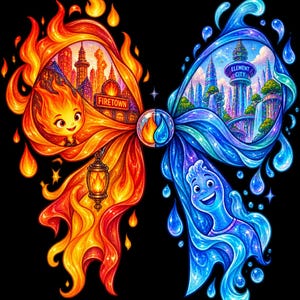 Puede incluir: Una vibrante ilustración gráfica con un diseño dividido en elementos de fuego y agua. A la izquierda, un personaje de llama con una linterna domina una ciudad etiquetada como FIRETOWN. A la derecha, un personaje de agua domina ELEMENT CITY.