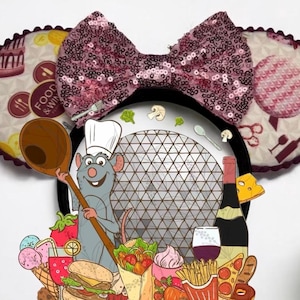 May include: A black headband with mouse ears featuring a sequined pink bow. The ears have a food and wine theme with illustrations of cakes, wine bottles, and food items. A cartoon rat chef holds a wooden spoon.