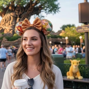 May include: A woman wearing a pair of Disney-themed mouse ears with a large, sequined bow. The ears feature images from the Lion King. A plush Simba toy sits on a bench in the background.