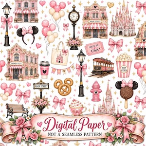 May include: A digital paper pattern featuring pink-themed illustrations of a castle, Main Street buildings, a trolley, a popcorn bucket, a pretzel, a coffee cup, street lamps, balloons, bows, a tote bag, and a bench with gold star accents.