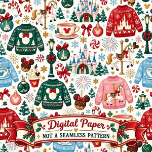 Puede incluir: Un patrón de papel digital con ilustraciones navideñas que incluyen castillos, caballos de carrusel, suéteres, adornos, bastones de caramelo y tazas de té. Una pancarta roja muestra el texto Digital Paper NOT A SEAMLESS PATTERN.