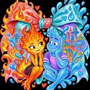 Può includere: Una vibrante illustrazione grafica che raffigura un personaggio di fuoco e uno d'acqua seduti insieme. Un grande fiocco si trova dietro di loro, diviso in fiamme arancioni e spruzzi d'acqua blu. Lo sfondo mostra una città con la scritta Element City.