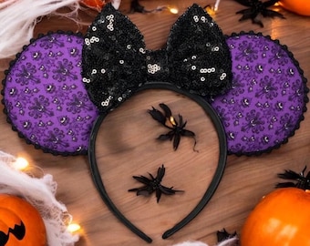 Haunted Mansion Mouse Ears | Black Sequin Bow, Purple Damask Fabric Halloween Headband