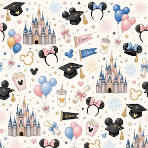May include: A seamless pattern featuring illustrations of fairy tale castles, black graduation caps with gold tassels, mouse ear headbands, pink and blue balloons, popcorn buckets, scrolls with ribbons, and pennants labeled Dream, Believe, and Achieve.