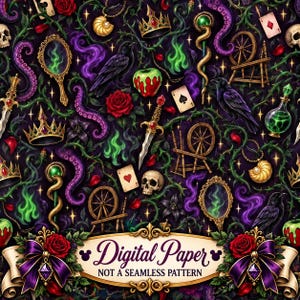 May include: A digital paper pattern featuring a dark background with black ravens, red roses, skulls, crowns, spinning wheels, playing cards, poison apples, ornate mirrors, and purple tentacles intertwined with green vines and glowing green smoke.