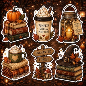 May include: A set of six autumn-themed stickers featuring a pumpkin on books, a coffee cup labeled PUMPKIN SPICE & PIXIE DUST, a candle in a jar, a mug on a blanket, an ENCHANTED FOREST sign, and a witch hat on books labeled POTIONS, SPELLS, and AUTUMN MAGIC.