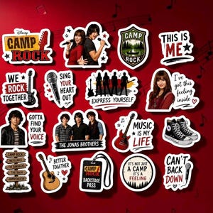 May include: A collection of Camp Rock themed stickers featuring various designs including characters, guitars, microphones, and text such as Camp Rock, This Is Me, We Rock Together, Sing Your Heart Out, Express Yourself, Music Is My Life, and Can't Back Down.