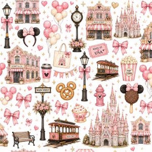 May include: A pattern featuring pink and white illustrations of a castle, street lamps, mouse ear headbands, a popcorn bucket, a trolley, a pretzel, a fire hydrant, a tote bag, a coffee cup, a bench, and a ticket labeled MAIN ST. USA.
