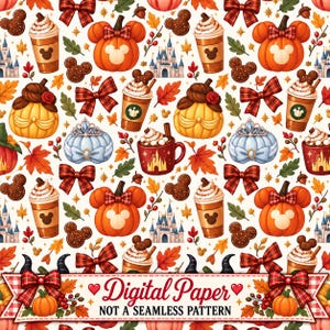 Può includere: Un motivo di carta digitale con zucche arancioni a forma di Mickey, tazze di caffè con panna montata, fiocchi a quadri rossi, foglie autunnali, castelli e diademi. Un banner in basso riporta la scritta Digital Paper NOT A SEAMLESS PATTERN.