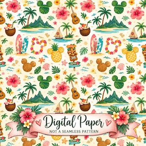 Könnte beinhalten: Ein digitales Papiermuster mit tropischen Elementen wie Palmen, Hibiskusblüten, Surfbrettern, Ukulelen, Segelbooten, Ananas und Kokosnussgetränken, mit dem Text Digital Paper NOT A SEAMLESS PATTERN auf einem Banner.