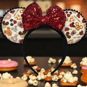 Mouse Ears | Handmade Mickey Mouse Ears Headband: Snacks Print, Sequin Bow
